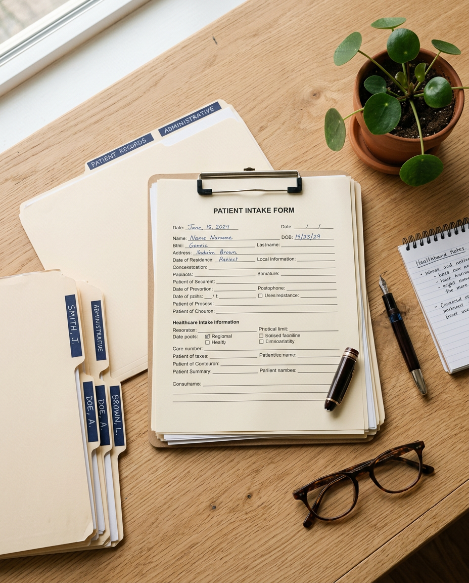 Organized stack of healthcare paperwork on a clean desk