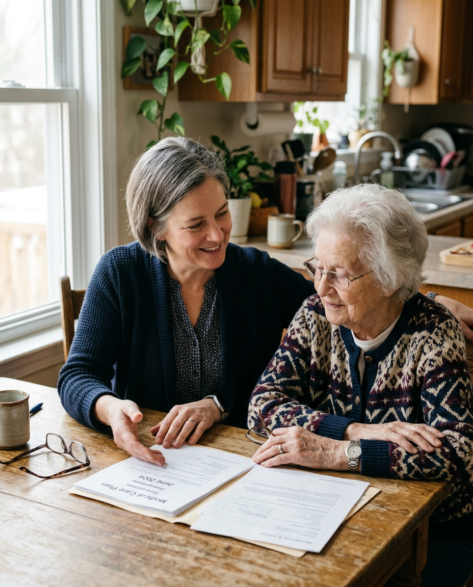 Caregiver reviewing care documents with a senior at home