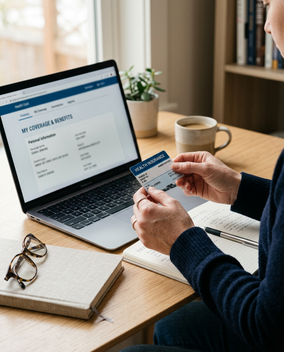 Insurance card being reviewed at a laptop workspace